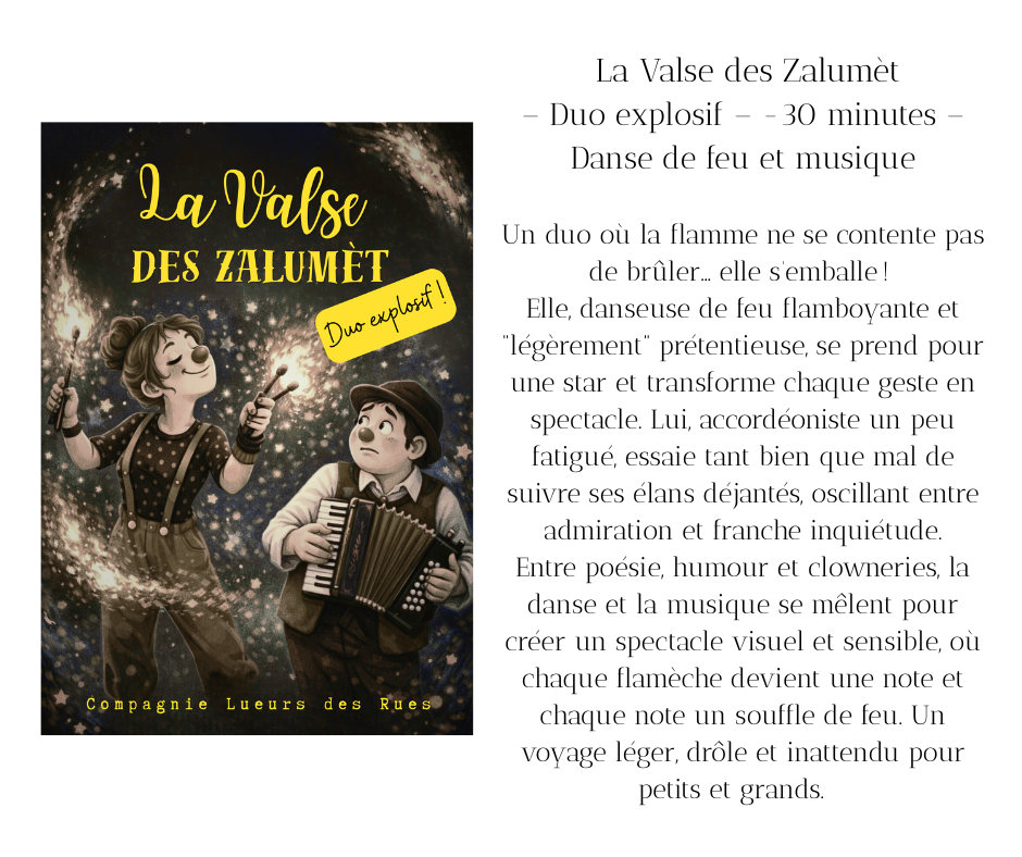 La Valse des Zalumèt — Affiche illustrée, danseuse de feu et accordéoniste